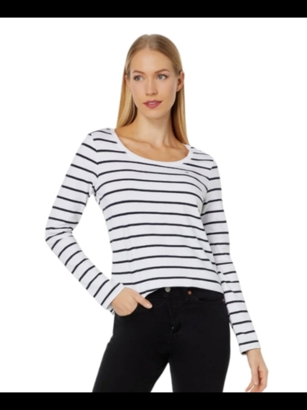 Tommy Hilfiger White and Navy Striped Long Sleeve Shirt Size Large